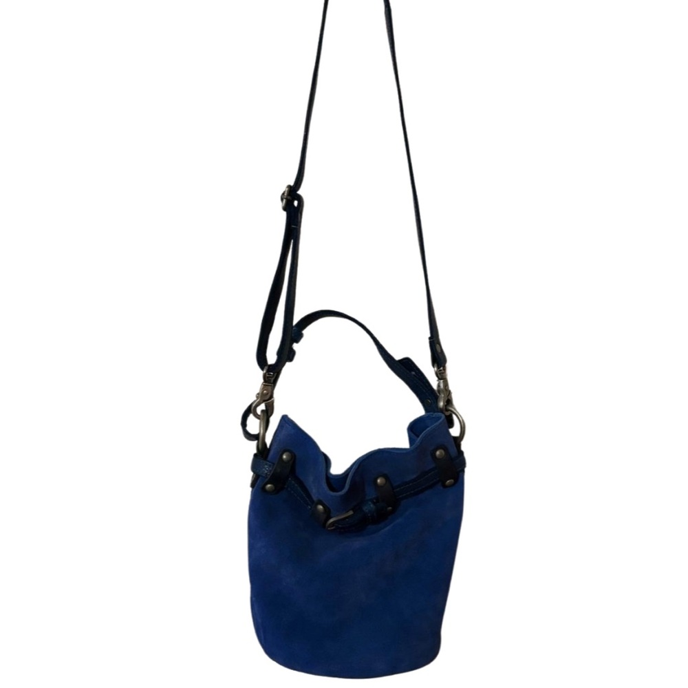 Free People Blue Suede Bucket Bag with Black Trim